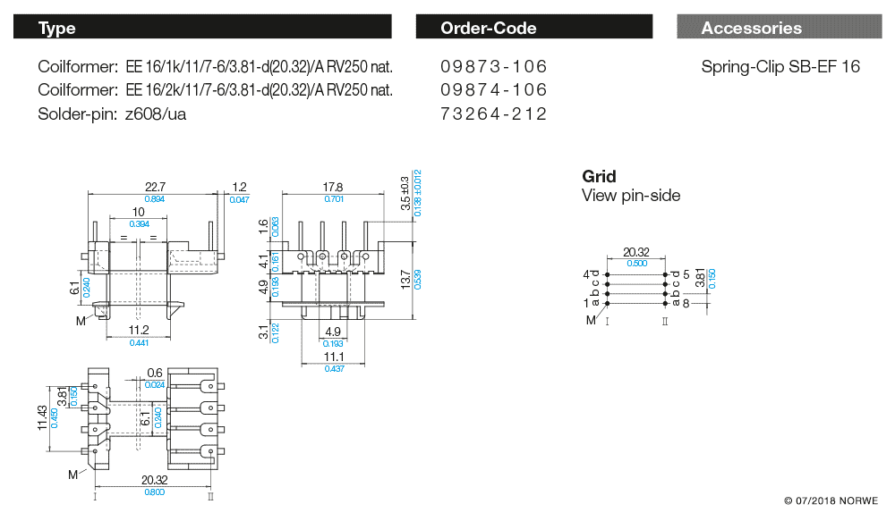 EE 16/1K/K11/7-6/3,81-d(20,32)/A RV250 nat. technical product visual