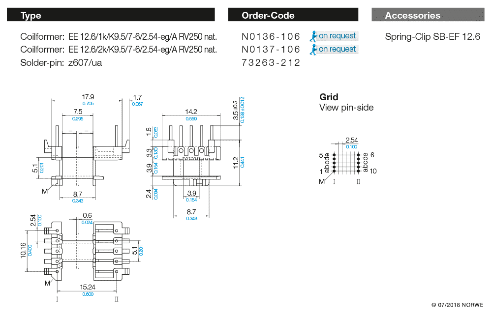 EE 12,6/1k/K9,5/7-6/2,54-eg/A RV250 nat. technical product visual